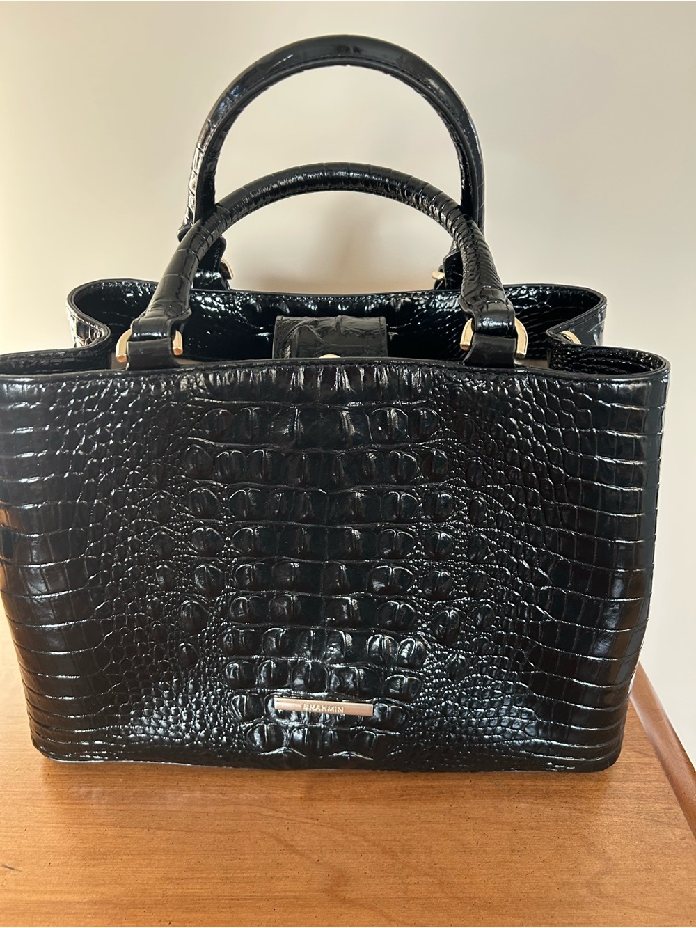 Brahmin Black Croc-Embossed Satchel with Gold Accents